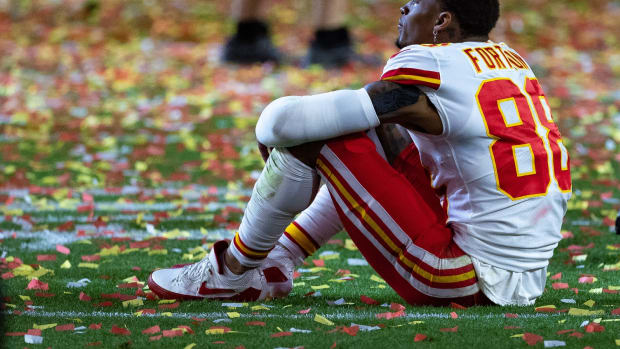 Feb 12, 2023; Glendale, Arizona, US; Kansas City Chiefs tight end Jody Fortson (88) sits on the field after a victory against the Philadelphia Eagles in Super Bowl LVII at State Farm Stadium. Mandatory Credit: Bill Streicher-USA TODAY Sports  